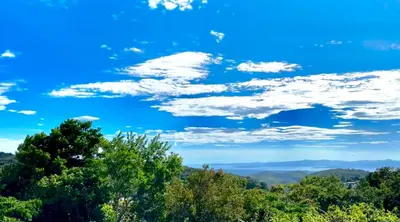 a blue sky with clouds and trees in the foreground at Black & White Apartments in Monteverde Costa Rica