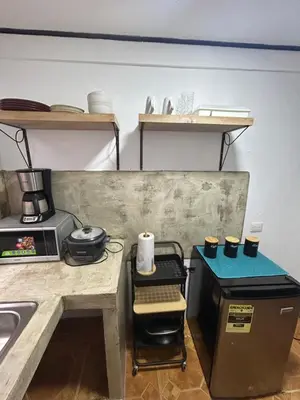 a kitchen with a counter with a stove and a sink at SilvaMar in Puntarenas