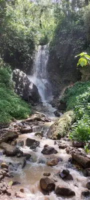 a waterfall on the side of a river with rocks at Hotel Mirador de Quetzales in Providencia