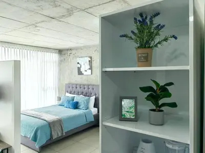 a bedroom with a bed and a plant on a shelf at 0404 iFreses estudio con Aire Acondicionado y Parqueo in Curridabat