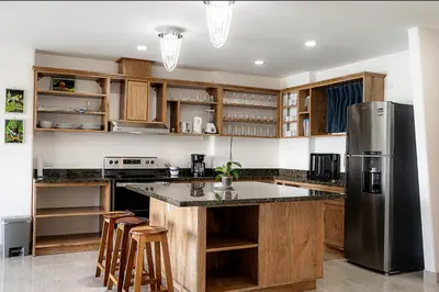 a kitchen with a stainless steel refrigerator and wooden cabinets at Lake Arenal Condos in Naranjos Agrios