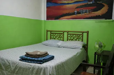 a green bedroom with a bed with towels on it at Hostal del Este Santa Fe in San José