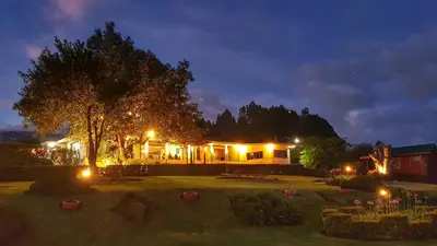 a house with lights in a yard at night at Grandpas Hotel & Restaurante in Cartago