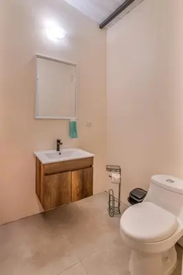 a bathroom with a white toilet and a sink at Mayoli Hill Deluxe Farmhouse in Fortuna