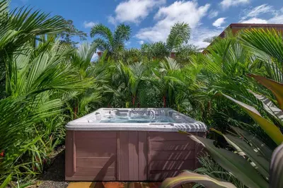 a hot tub in a garden with palm trees at Mayoli Hill Deluxe Farmhouse in Fortuna