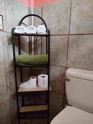 a bathroom with a toilet and a shelf with toilet paper at Paraíso Verde in Siquirres