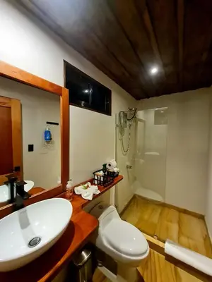 a bathroom with a toilet and a sink and a shower at Bosque Tapantí, cerca del PN Tapantí en Orosí, Cartago, Costa Rica in Purisil