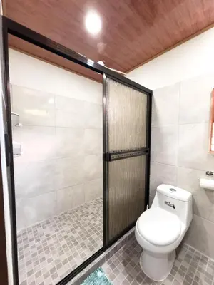 a bathroom with a toilet and a shower at Cabañas Vistas de Altura por Hermanos Solano in San Francisco