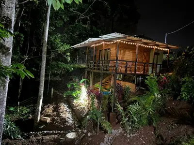 a tree house in the woods at night at Cabañas Vistas de Altura por Hermanos Solano in San Francisco