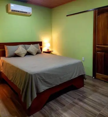 a bedroom with a bed in a green wall at Arenal More Apartamento in San Ramón