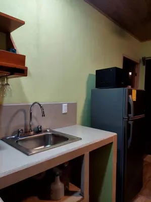 a kitchen with a sink and a refrigerator at Arenal More Apartamento in San Ramón