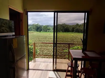 a kitchen with a sliding glass door with a view of a field at Arenal More Apartamento in San Ramón