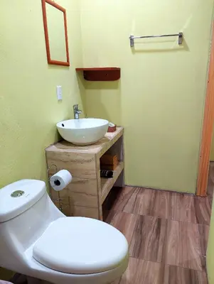 a bathroom with a white toilet and a sink at Arenal More Apartamento in San Ramón
