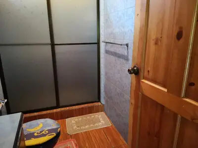 a shower with a glass door in a bathroom at Bella Vista Guest house in Turrialba
