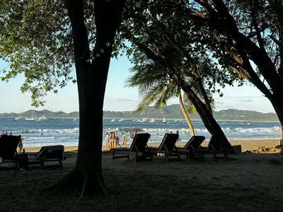 a group of chairs and trees on a beach at Peaceful Apartment in Tamarindo, 50m to the Beach - Sofia Apartments in Tamarindo
