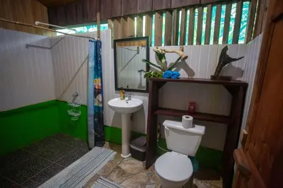 a bathroom with a white toilet and a sink at Los Paniquines Ecolodge in Drake