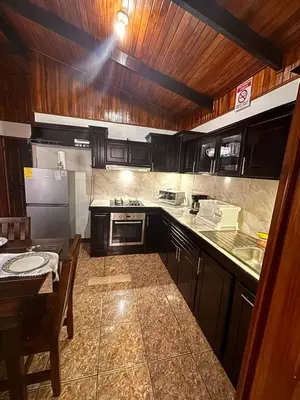 a kitchen with black cabinets and a table and a refrigerator at Apartamentos Maily in Fortuna