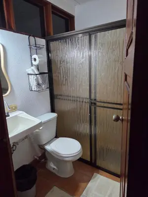 a bathroom with a shower and a toilet and a sink at Lodge Barka Lounge in Jabilla