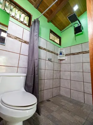 a bathroom with a toilet and a shower at Cabaña Laurel in Fortuna