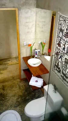a bathroom with a sink and a toilet and a mirror at Casa Amanecer Bed & Breakfast in San Ramón