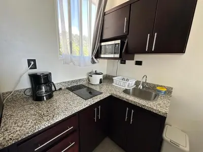a kitchen counter with a sink and a microwave at BigWave Costa Rica in Playa Hermosa