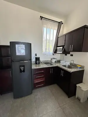 a kitchen with a black refrigerator and wooden cabinets at BigWave Costa Rica in Playa Hermosa