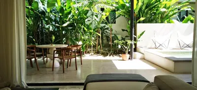 a room with a table and chairs and plants at Casa Remy - Walk to the Beach and stay in a private compound! Pool, Kitchen, AC, Wi-Fi in Mal País