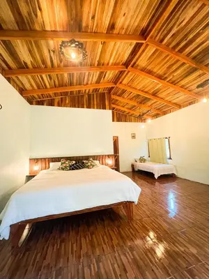 a bedroom with a bed and a wooden ceiling at Ficus house in Boca Tapada