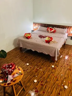 a bedroom with a bed and a wooden floor at Ficus house in Boca Tapada