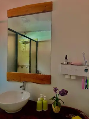a bathroom with a sink and a mirror at Homestay in Quepos