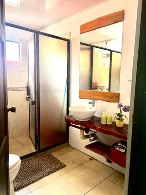 a bathroom with a sink and a toilet and a mirror at Homestay in Quepos