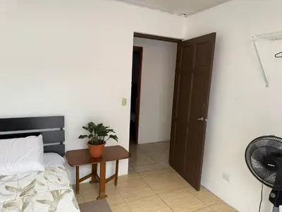 a bedroom with a bed and a table with a plant at Homestay in Quepos