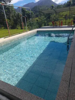 a large swimming pool with blue water at Casa árbol in Aguas Zarcas