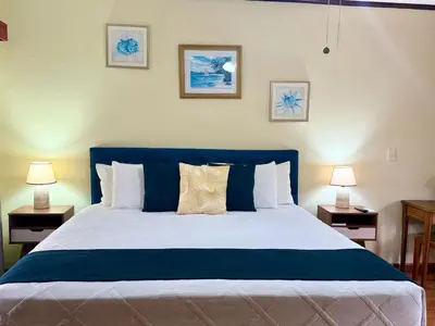 a bed with a blue headboard in a bedroom at Hotel Delfin Playa Bejuco in Esterillos Este