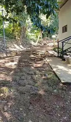 a yard with a house and a tree at Cabañas Mantas in Jacó