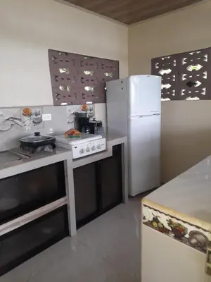 a kitchen with a white refrigerator and a stove at Casa Lapas. in Aguas Zarcas