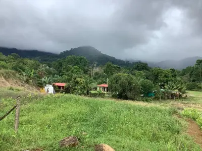 a grassy field with a mountain in the background at PRIVATE SPACE Just you and the Birds with PRIVATE INFINITY POOL in Uvita