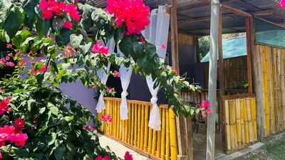 a house with pink flowers on a fence at Anez Cabin'S in Cabuya