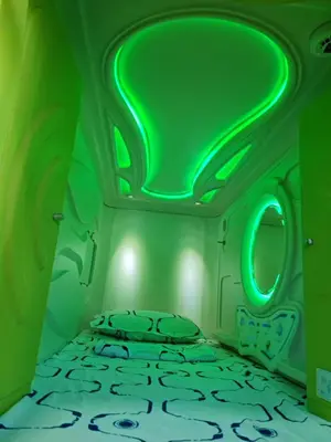 a green room with a bed and a green ceiling at Capsule Pupa House in Tamarindo