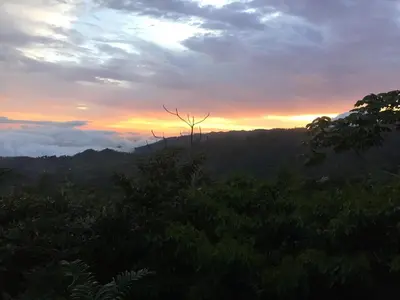 a sunset in the mountains with a tree at Mirador Valle del General in La Ese