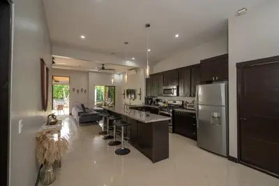 a large kitchen with stainless steel appliances and a counter at Casa Aqua in Tamarindo