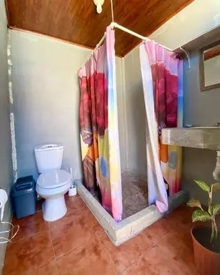 a bathroom with a toilet and shower curtain at Gamboa Lodging 2 in Liberia