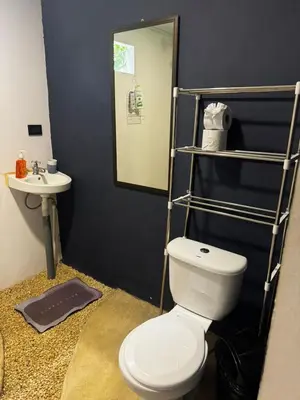 a bathroom with a white toilet and a sink at Deer House Cabuya in Cabuya