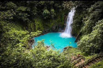 a waterfall in the middle of a blue pool of water at Pocho's Place Rio Celeste in San Antonio