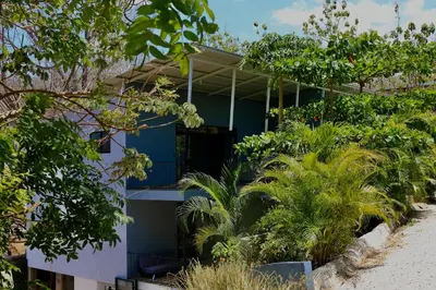 a blue building with plants in front of it at Hills House Pinilla Guanacaste in San José Pinilla