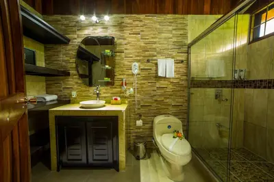 a bathroom with a toilet and a sink and a shower at Hotel Rancho Cerro Azul in Fortuna