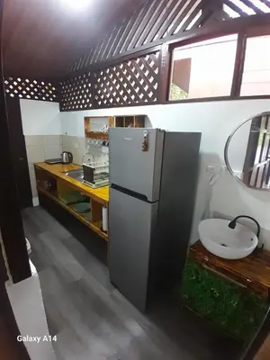 a small kitchen with a refrigerator and a sink at Cabaña que Tuanis in Fortuna