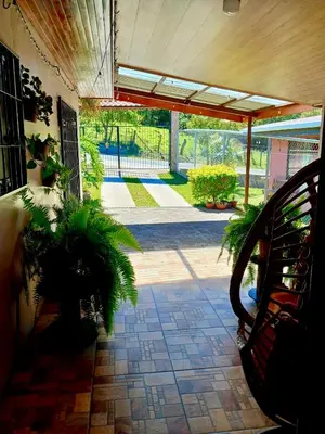 a patio with plants on the floor of a house at Peace Garden Apartment in Monteverde Costa Rica