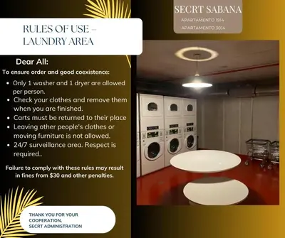 a flyer for a laundry room with a table and washing machines at Secrt 3014 in San José