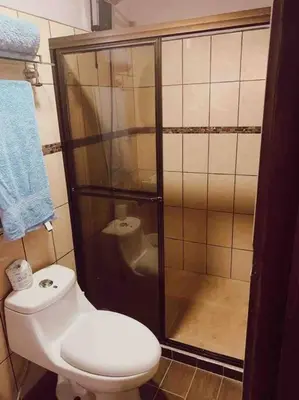 a small bathroom with a toilet and a shower at Casa del Árbol in Quepos